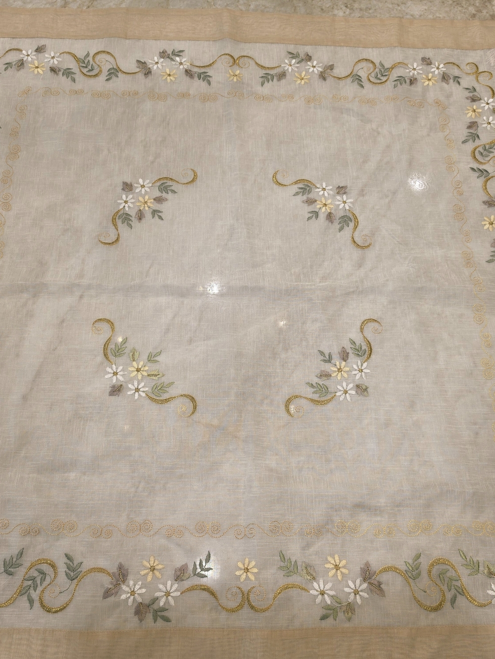 Sheer Organza 34" Square Tablecloth Topper – Embroidered Daisies & Gold Scroll